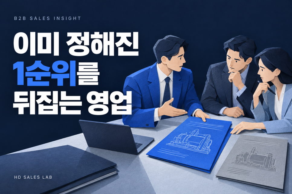 이미 정해진 1순위를 뒤집는 영업을 주제로 고객과 제안 자료를 검토하는 모습을 표현한 일러스트