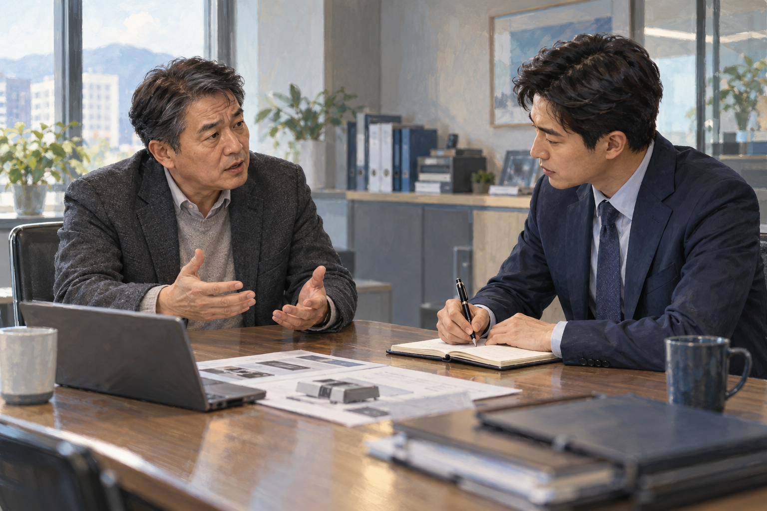 고객이 제품 사용 중 불편했던 점을 설명하고 영업사원이 진지하게 들으며 수첩에 기록하는 모습