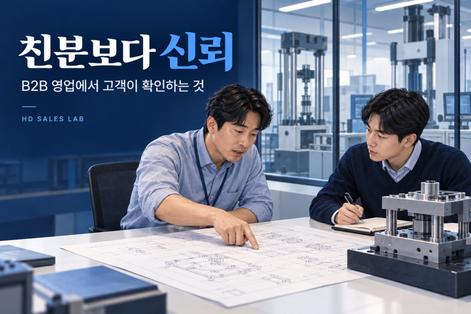 고객과 영업사원이 자료를 살펴보며 업무 문제를 논의하는 B2B 미팅 개념 이미지