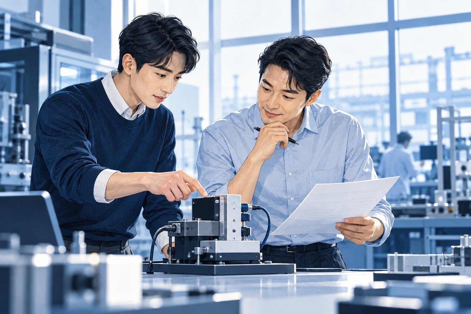 영업사원과 고객이 산업용 시험장비와 자료를 함께 살피며 해결책을 논의하는 모습